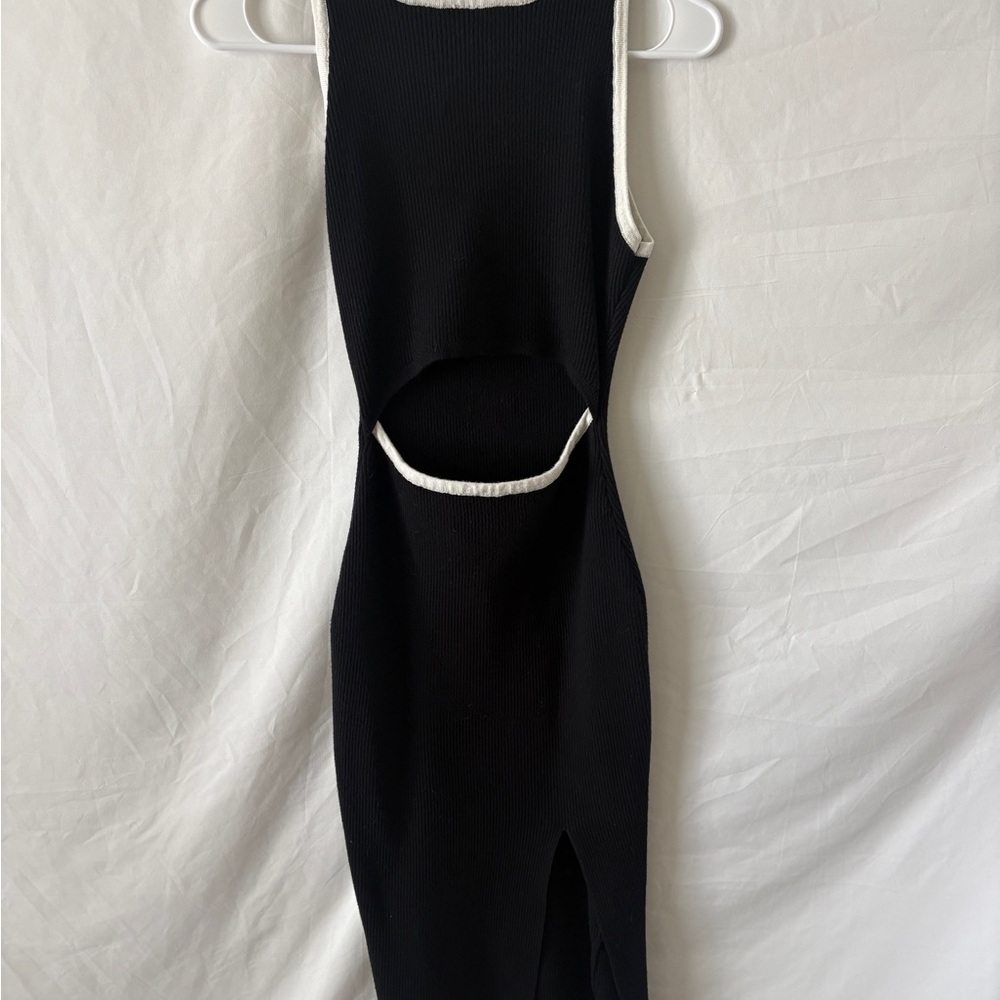 Black Cutout Ribbed Midi Dress with White Trim